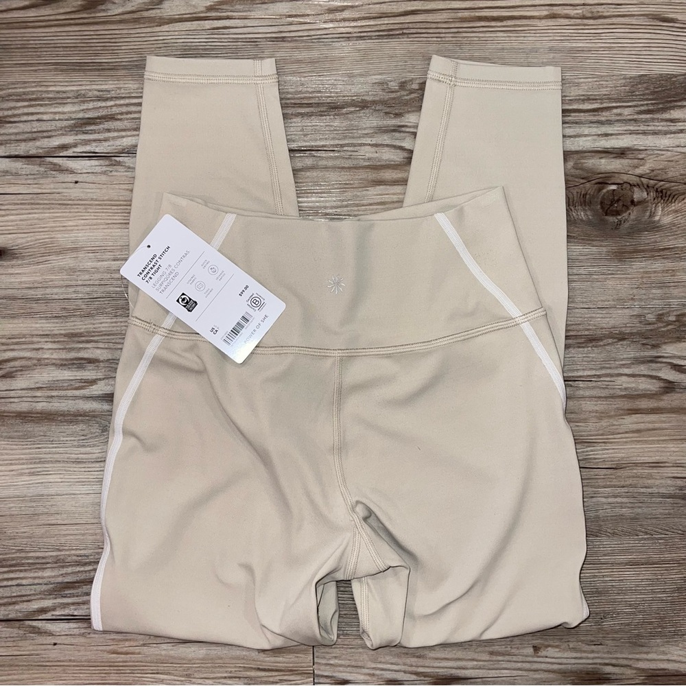 Athleta Transcend Contrast Stitch 7/8 Tight Small Cream Beige NWT